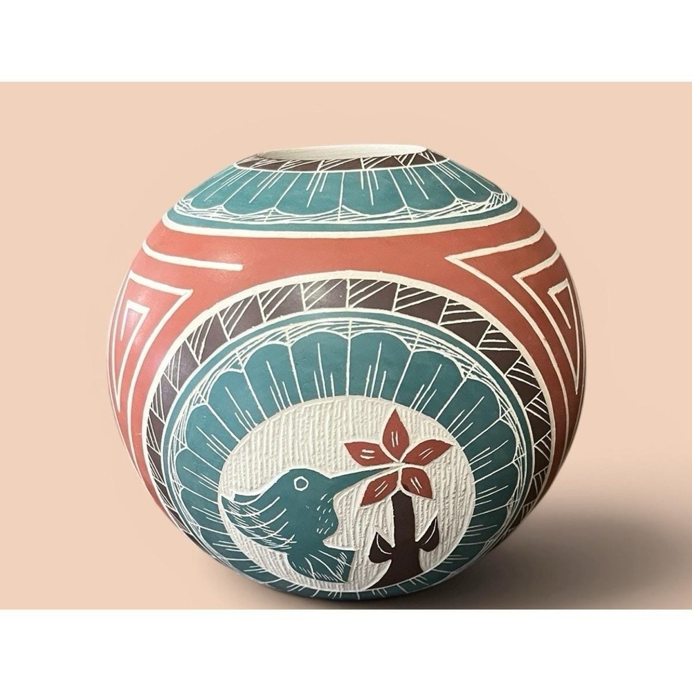 Mata Ortiz Pottery Hilario Quezada‎ Jr Etched Hummingbird Seed Pot Art Mexico